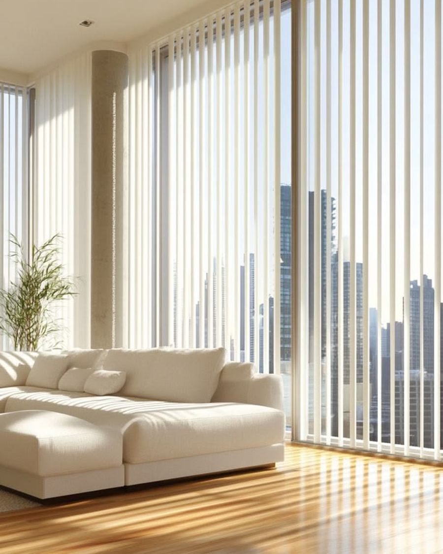 Bandas verticales en ventanal de living con vista a la ciudad